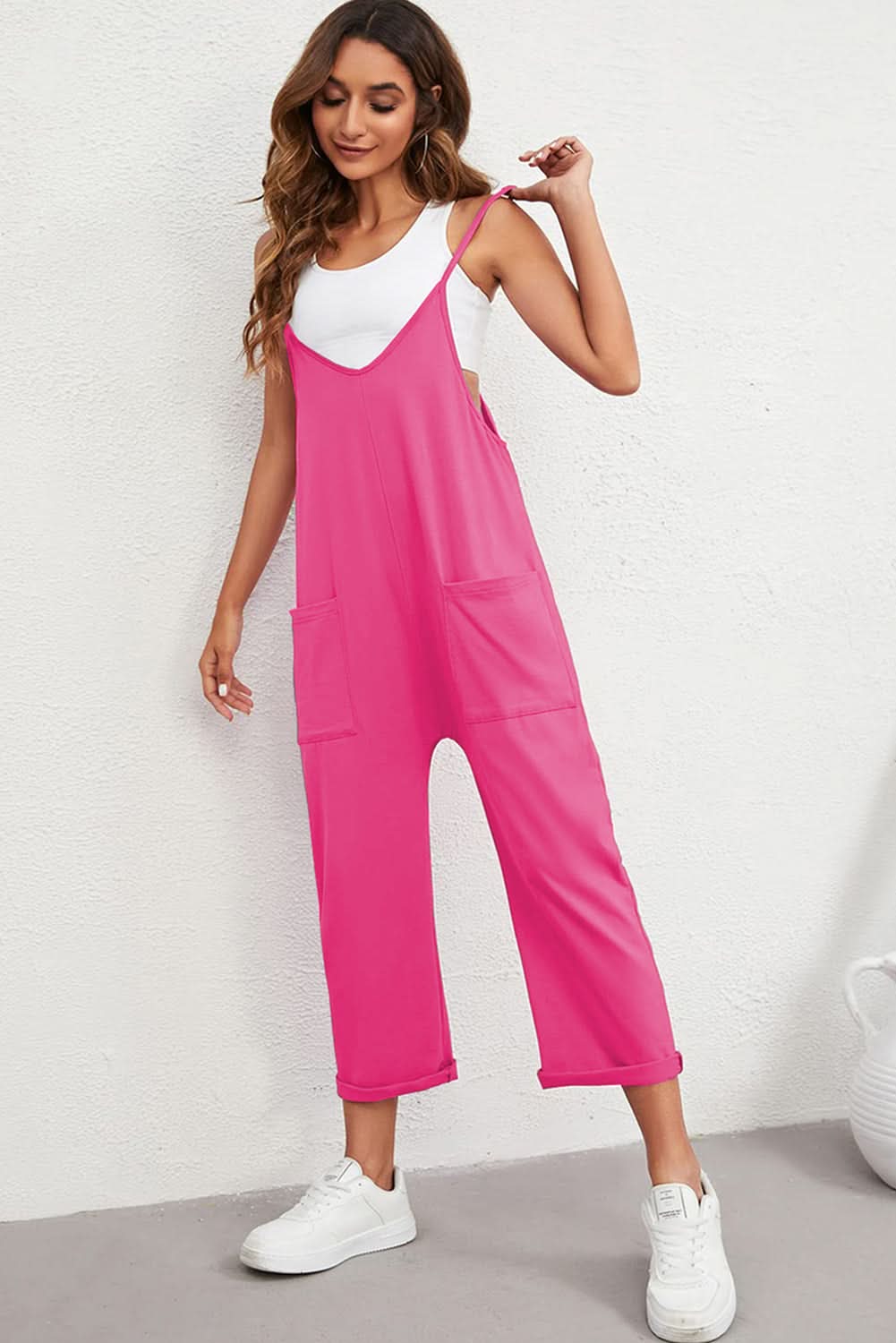 Rose Red Black Pocketed Adjustable Spaghetti Strap Straight Leg Jumpsuit - Love Salve